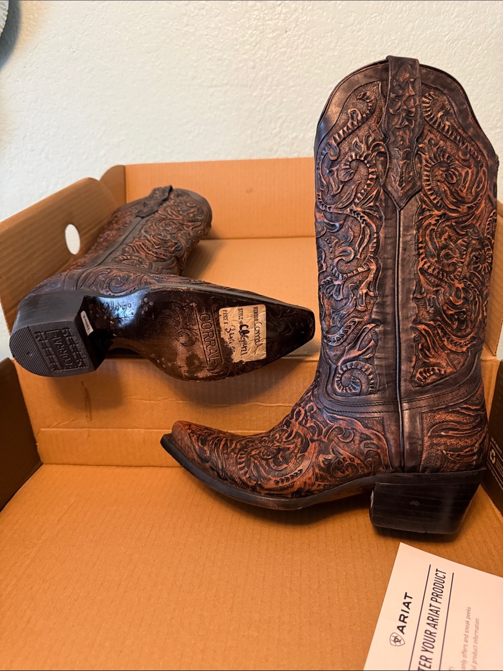 Ariat Brown Tooled Leather Heeled Boots - Picture 3 of 4
